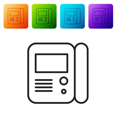 Beyaz arkaplanda siyah hat House dahili iletişim sistemi simgesi izole edildi. Renkli kare düğmelerle simgeleri ayarla. Vektör İllüstrasyonu