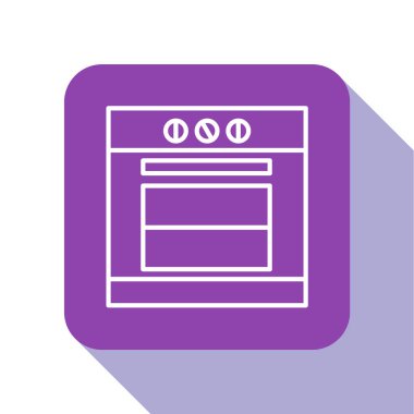 Beyaz çizgi fırın simgesi beyaz arkaplanda izole edildi. Fırın tabelası. Mor kare düğme. Vektör İllüstrasyonu