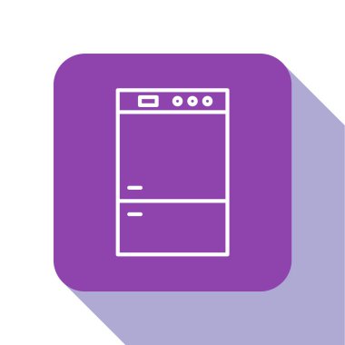 Beyaz çizgi buzdolabı simgesi beyaz arkaplanda izole edildi. Buzdolabı buzdolabı. Ev aletleri ve aletler. Mor kare düğme. Vektör İllüstrasyonu