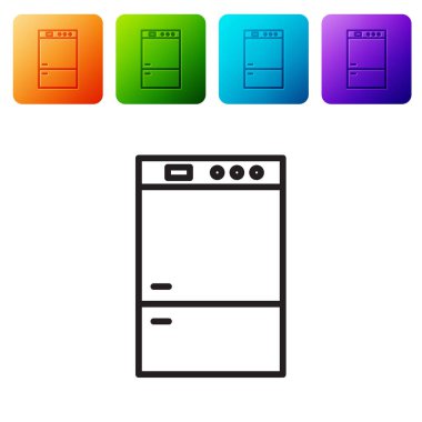 Siyah çizgi buzdolabı simgesi beyaz arkaplanda izole edildi. Buzdolabı buzdolabı. Ev aletleri ve aletler. Renkli kare düğmelerle simgeleri ayarla. Vektör İllüstrasyonu