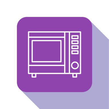 Beyaz çizgi mikrodalga fırın ikonu beyaz arkaplanda izole edilmiş. Ev aletleri simgesi. Mor kare düğme. Vektör İllüstrasyonu