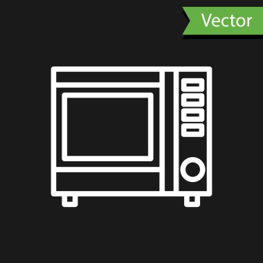 Beyaz çizgi mikrodalga fırın ikonu siyah arkaplanda izole edilmiş. Ev aletleri simgesi. Vektör İllüstrasyonu