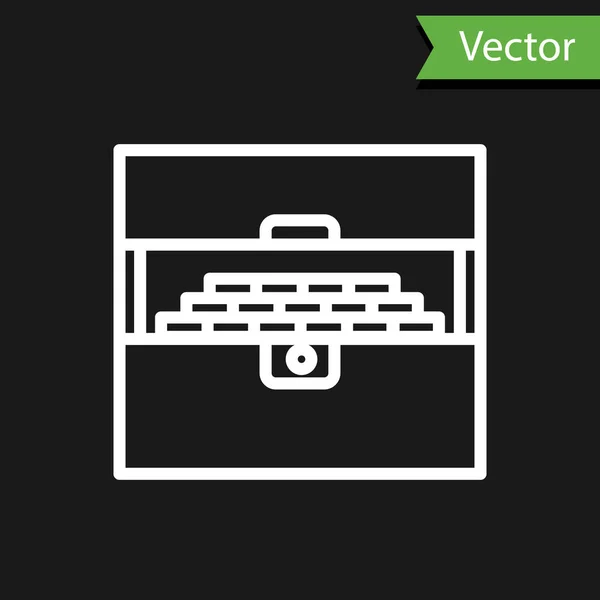 Linha Branca Ícone Baú Tesouro Antigo Aberto Isolado Fundo Preto — Vetor de Stock