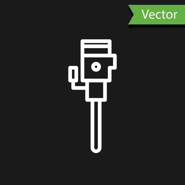 Witte Lijn Constructie Drilboor Pictogram Geïsoleerd Zwarte Achtergrond Vector Illustratie — Stockvector