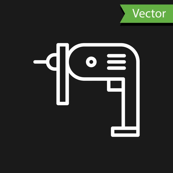 Witte Lijn Elektrische Boor Machine Pictogram Geïsoleerd Zwarte Achtergrond Reparatie — Stockvector