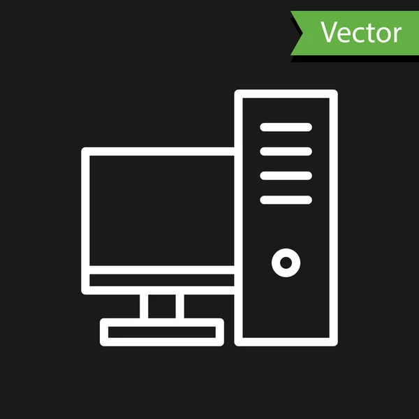 Linha Branca Ícone Monitor Computador Isolado Fundo Preto Assinatura Componente — Vetor de Stock