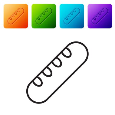 Beyaz arka planda izole edilmiş siyah çizgili Fransız baget ekmeği ikonu. Renkli kare düğmelerle simgeleri ayarla. Vektör İllüstrasyonu