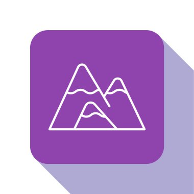 Beyaz çizgi dağ ikonu beyaz arkaplanda izole edildi. Zaferin ya da başarının sembolü. Mor kare düğme. Vektör İllüstrasyonu