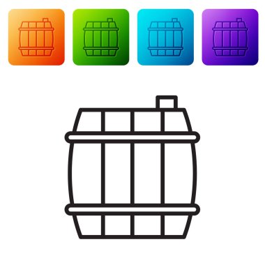 Siyah çizgi tahta varil ikonu beyaz arka planda izole edilmiş. Alkol fıçısı, içki kabı, bira için tahta fıçı, viski, şarap. Renkli kare düğmelerle simgeleri ayarla. Vektör İllüstrasyonu