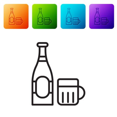 Siyah çizgi bira şişesi ve beyaz arka planda izole edilmiş cam ikon. Alkol içeceği sembolü. Renkli kare düğmelerle simgeleri ayarla. Vektör İllüstrasyonu