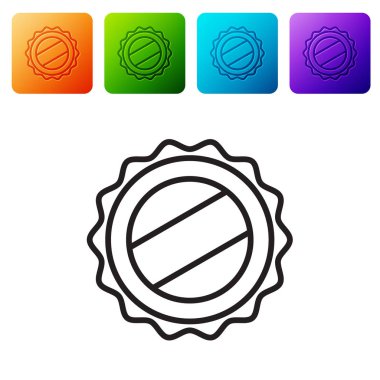 Siyah çizgi şişe kapağı simgesi beyaz arkaplanda izole edildi. Renkli kare düğmelerle simgeleri ayarla. Vektör İllüstrasyonu