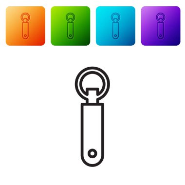 Siyah çizgi şişe açacağı simgesi beyaz arkaplanda izole edildi. Renkli kare düğmelerle simgeleri ayarla. Vektör İllüstrasyonu