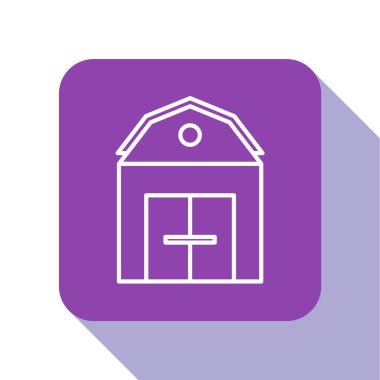 Beyaz çizgi Farm House konsept simgesi beyaz arka planda izole edildi. Kırsal çiftlik manzarası. Mor kare düğme. Vektör İllüstrasyonu