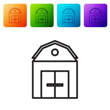 Beyaz arka planda siyah çizgi çiftlik evi konsepti ikonu var. Kırsal çiftlik manzarası. Renkli kare düğmelerle simgeleri ayarla. Vektör İllüstrasyonu