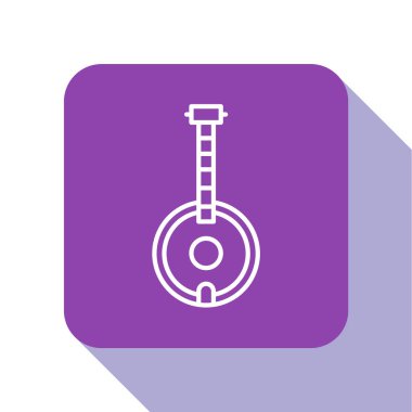 Beyaz çizgi Banjo simgesi beyaz arkaplanda izole edildi. Müzik aleti. Mor kare düğme. Vektör İllüstrasyonu