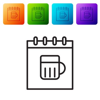 Siyah çizgi Aziz Patrick Günü, takvim simgesi beyaz arka planda izole edilmiş. Dört yapraklı yonca sembolü. Tarih 17 Mart. Renkli kare düğmelerle simgeleri ayarla. Vektör İllüstrasyonu