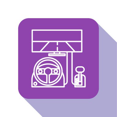 Beyaz çizgi yarış simülatörü kokpit simgesi beyaz arka planda izole edildi. Oyun aksesuarı. Simülasyon oyunu için Gadget. Mor kare düğme. Vektör İllüstrasyonu
