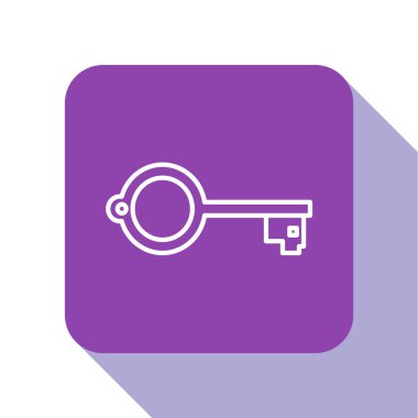 Beyaz çizgi Beyaz arkaplanda izole edilmiş oyun simgesi için Eskiler 'in anahtarı. Mor kare düğme. Vektör İllüstrasyonu