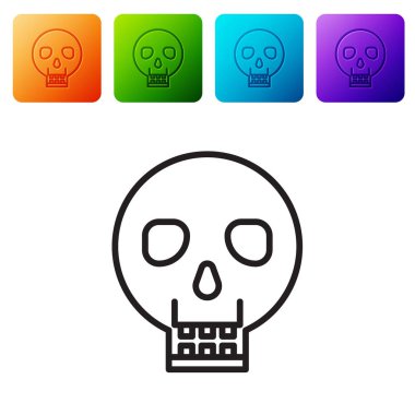 Siyah çizgi Kafatası simgesi beyaz arkaplanda izole edildi. Mutlu Cadılar Bayramı Partisi. Renkli kare düğmelerle simgeleri ayarla. Vektör İllüstrasyonu