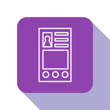 Beyaz çizgi Beyaz arkaplanda izole edilmiş hesap ekranı simgesi oluştur. Mor kare düğme. Vektör İllüstrasyonu