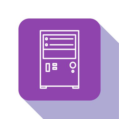 Beyaz çizgi Bilgisayar simgesi beyaz arkaplanda izole edildi. Bilgisayar bileşeni işareti. Mor kare düğme. Vektör İllüstrasyonu