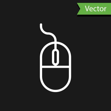 Beyaz çizgi bilgisayar fare simgesi siyah arkaplanda izole edildi. Tekerlek sembollü optik. Vektör İllüstrasyonu