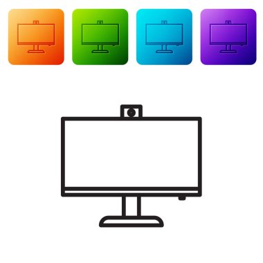 Siyah çizgi bilgisayar monitörü simgesi beyaz arkaplanda izole edildi. Bilgisayar bileşeni işareti. Renkli kare düğmelerle simgeleri ayarla. Vektör İllüstrasyonu
