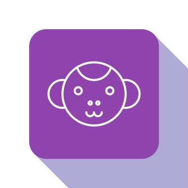 Beyaz çizgi maymun burç simgesi beyaz arka planda izole edildi. Astrolojik yıldız falı koleksiyonu. Mor kare düğme. Vektör İllüstrasyonu