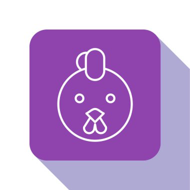 Beyaz çizgi Rooster Zodyak işareti simgesi beyaz arka planda izole edildi. Astrolojik yıldız falı koleksiyonu. Mor kare düğme. Vektör İllüstrasyonu