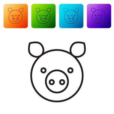 Siyah çizgi domuz burcu simgesi beyaz arkaplanda izole edilmiş. Astrolojik yıldız falı koleksiyonu. Renkli kare düğmelerle simgeleri ayarla. Vektör İllüstrasyonu