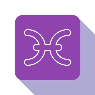Beyaz çizgi Balık burcu simgesi beyaz arka planda izole edilmiş. Astrolojik yıldız falı koleksiyonu. Mor kare düğme. Vektör İllüstrasyonu