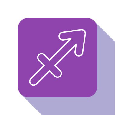 Beyaz çizgi Yay burcu simgesi beyaz arka planda izole edilmiş. Astrolojik yıldız falı koleksiyonu. Mor kare düğme. Vektör İllüstrasyonu