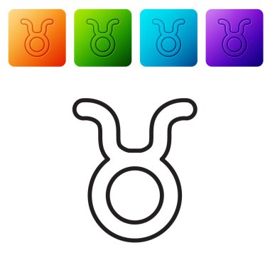 Siyah çizgi Taurus burç simgesi beyaz arkaplanda izole edilmiş. Astrolojik yıldız falı koleksiyonu. Renkli kare düğmelerle simgeleri ayarla. Vektör İllüstrasyonu