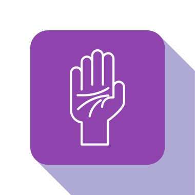 El simgesinin beyaz çizgi palmiyesi beyaz arkaplanda izole edilmiş. Mor kare düğme. Vektör İllüstrasyonu