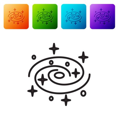 Siyah çizgi Samanyolu sarmal gökadası, beyaz arkaplanda izole edilmiş yıldız ikonu. Renkli kare düğmelerle simgeleri ayarla. Vektör İllüstrasyonu