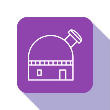 Beyaz çizgi Astronomik Gözlemevi simgesi beyaz arkaplanda izole edildi. Mor kare düğme. Vektör İllüstrasyonu