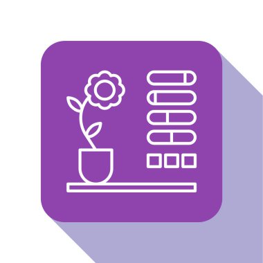 Beyaz çizgi çiçek durumu simgesi beyaz arkaplanda izole edildi. Mor kare düğme. Vektör İllüstrasyonu