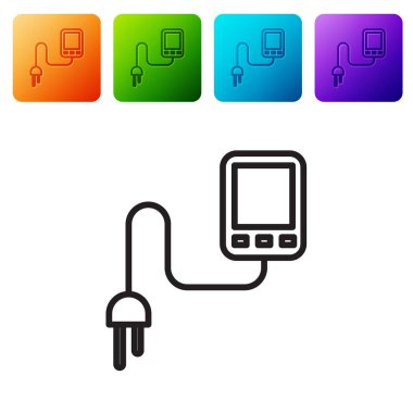 Siyah çizgi sensör simgesi beyaz arkaplanda izole edildi. Renkli kare düğmelerle simgeleri ayarla. Vektör İllüstrasyonu