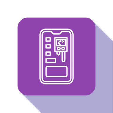 Beyaz çizgi Akıllı kontrol sistemi mobil uygulama simgesi beyaz arkaplanda izole. Mor kare düğme. Vektör İllüstrasyonu