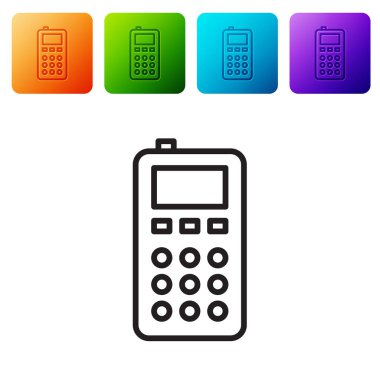 Siyah çizgi uzaktan kontrol simgesi beyaz arkaplanda izole edildi. Renkli kare düğmelerle simgeleri ayarla. Vektör İllüstrasyonu