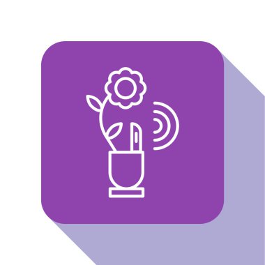 Beyaz çizgi Akıllı tarım teknolojisi - Uygulama simgesindeki tarım otomasyon sistemi beyaz arkaplanda izole edildi. Mor kare düğme. Vektör İllüstrasyonu