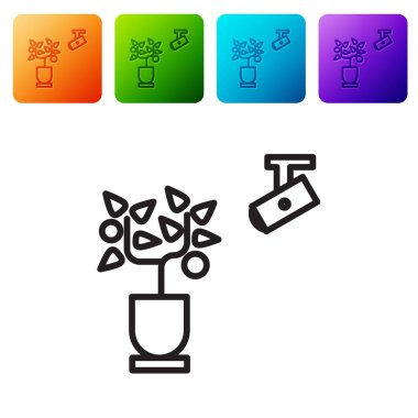 Siyah çizgi Akıllı tarım teknolojisi - Uygulama simgesindeki tarım otomasyon sistemi beyaz arka planda izole edildi. Renkli kare düğmelerle simgeleri ayarla. Vektör İllüstrasyonu