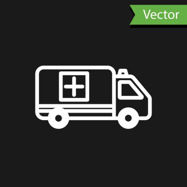 Beyaz hat ambulans ve acil durum arabası ikonu siyah arkaplanda izole edildi. Ambulans aracı tıbbi tahliye. Vektör İllüstrasyonu