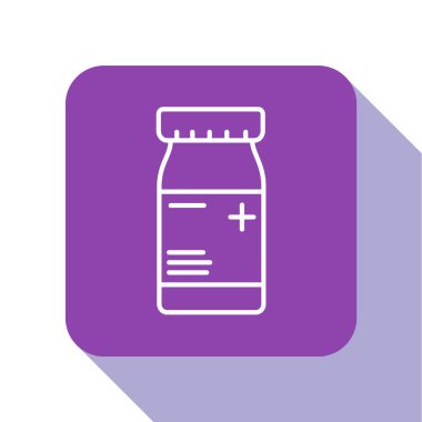 Beyaz çizgi ilaç şişesi ve beyaz arka planda izole edilmiş hap ikonu. Şişe hapı işareti. Eczane tasarımı. Mor kare düğme. Vektör İllüstrasyonu