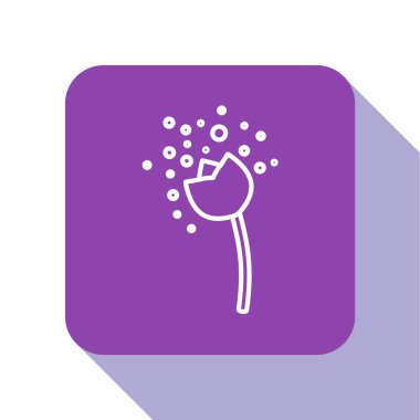 Beyaz çizgi çiçek, beyaz arkaplanda izole edilmiş atmosfer simgesinde polen üretiyor. Mor kare düğme. Vektör İllüstrasyonu