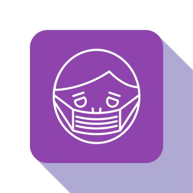 Beyaz Çizgili Adam yüzü, beyaz arka planda izole edilmiş tıbbi koruyucu maske ikonu. Karantinaya alın. Mor kare düğme. Vektör İllüstrasyonu