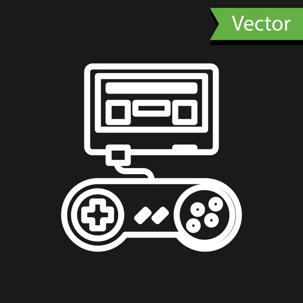 Linha Branca Console Videogame Com Ícone Joystick Isolado Fundo Preto — Vetor de Stock