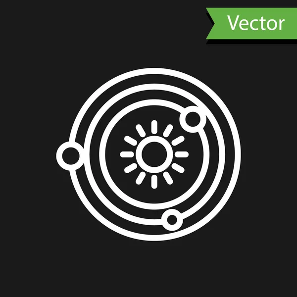 Línea Blanca Icono Del Sistema Solar Aislado Sobre Fondo Negro — Vector de stock