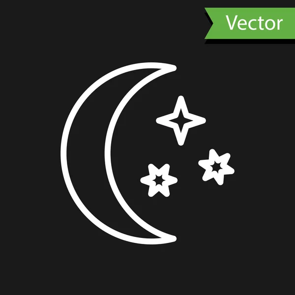 Weiße Linie Mond Und Sterne Symbol Isoliert Auf Schwarzem Hintergrund — Stockvektor