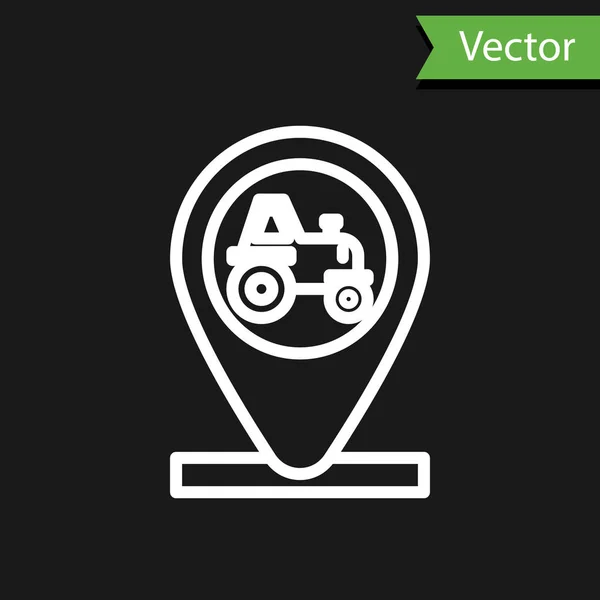 Línea Blanca Tractor Icono Ubicación Aislados Sobre Fondo Negro Ilustración — Vector de stock